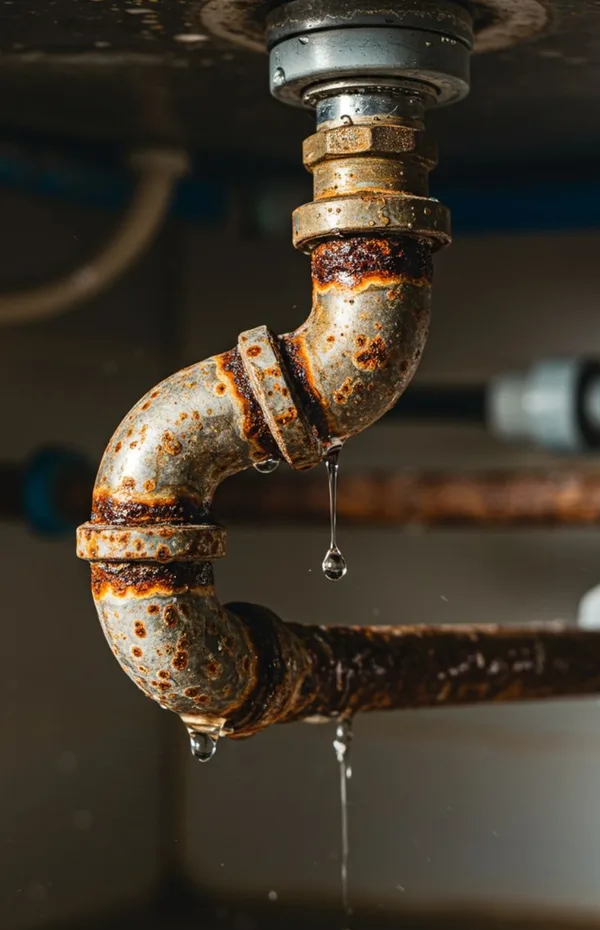 Corroded sink waste pipe dripping water under a basin (illustrative image)