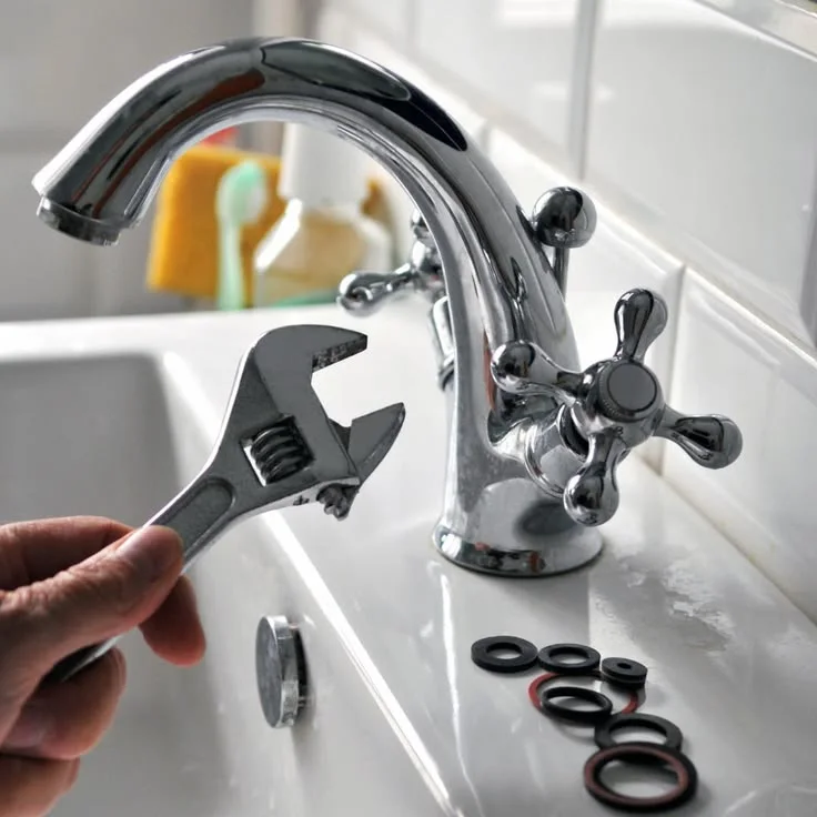 Hand holding an adjustable wrench beside a chrome basin tap with replacement washers (illustrative image)